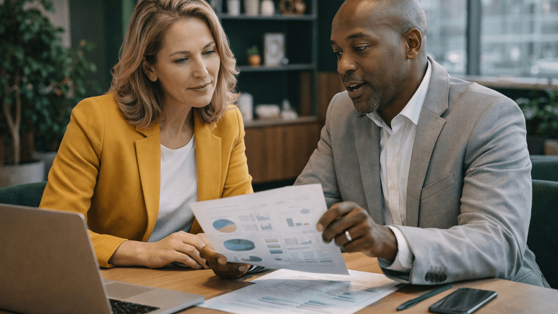 Executivos analisando documentos e indicadores de desempenho, representando consultoria empresarial, gestão de contratos e planejamento financeiro.