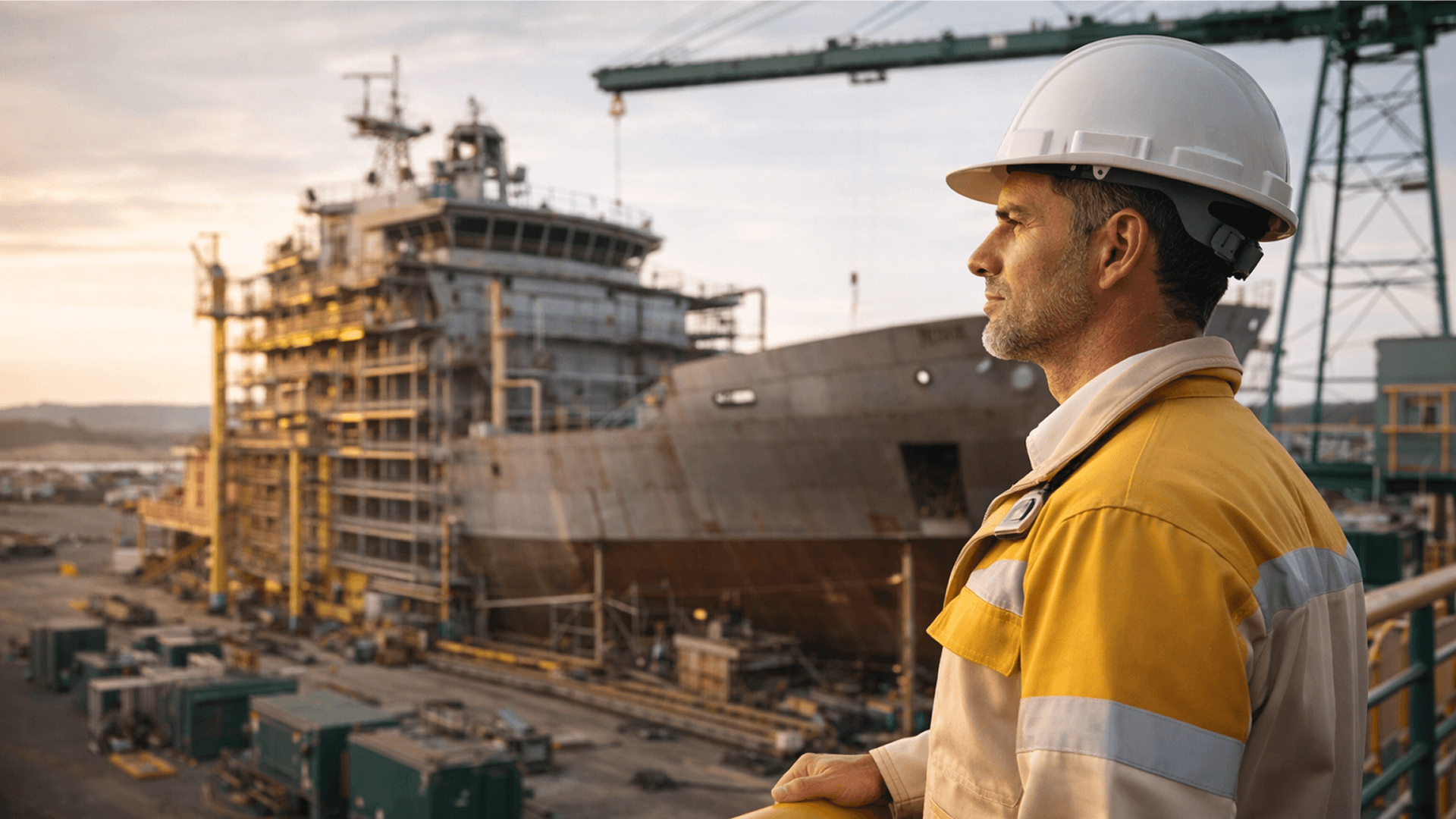 Profissional utilizando capacete de segurança em ambiente industrial e naval, representando seguro de riscos de engenharia, proteção para obras, projetos de infraestrutura e operações de grande porte.
