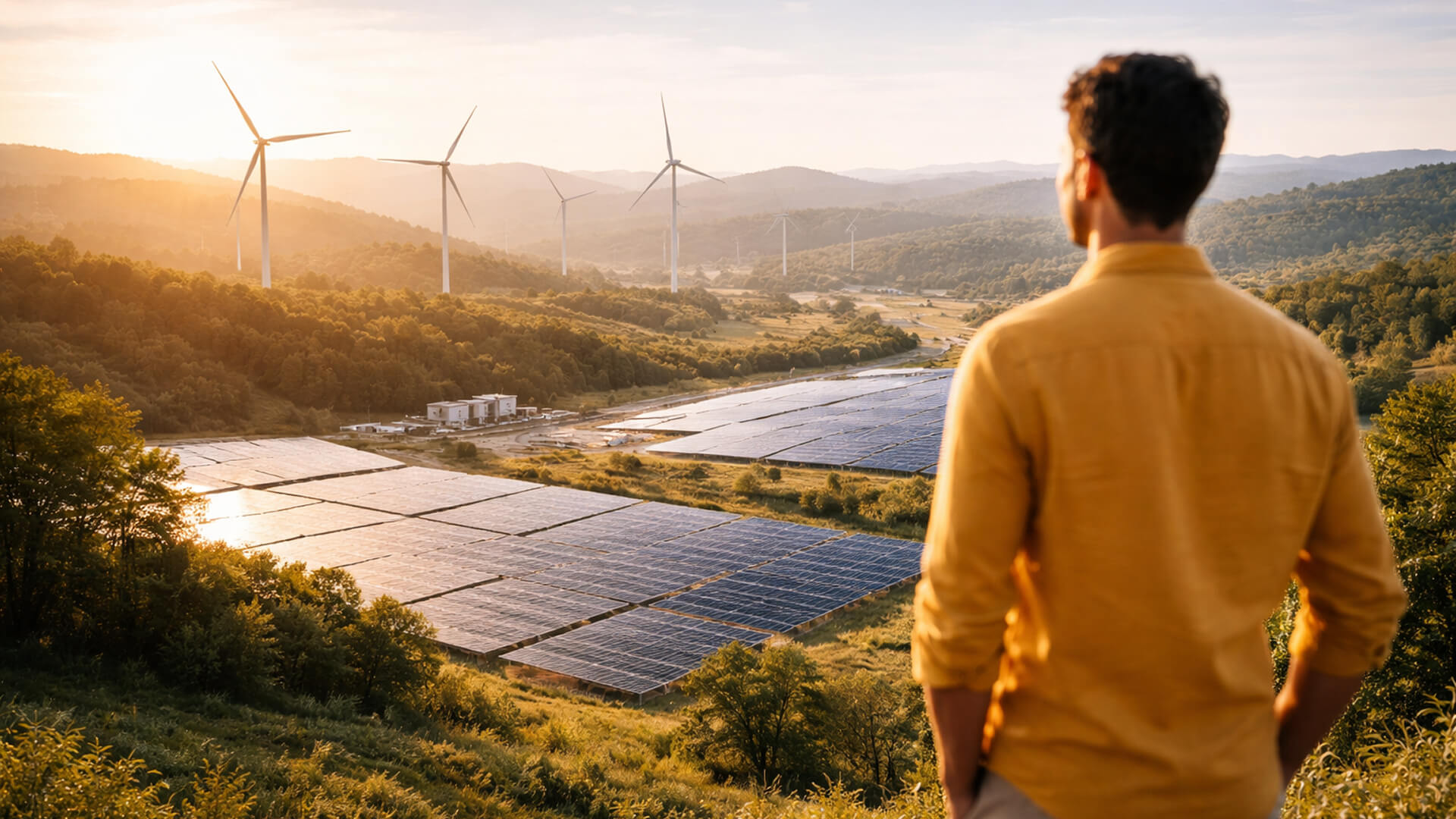 Profissional observando parque de energia renovável com painéis solares e turbinas eólicas, representando seguro para projetos de energia limpa, proteção de ativos, infraestrutura e operações sustentáveis.