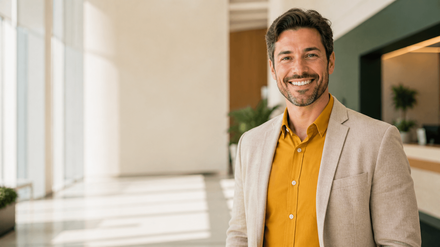 Homem sorrindo em ambiente corporativo, vestindo blazer claro e camisa amarela, representando confiança, atendimento profissional e relacionamento empresarial.