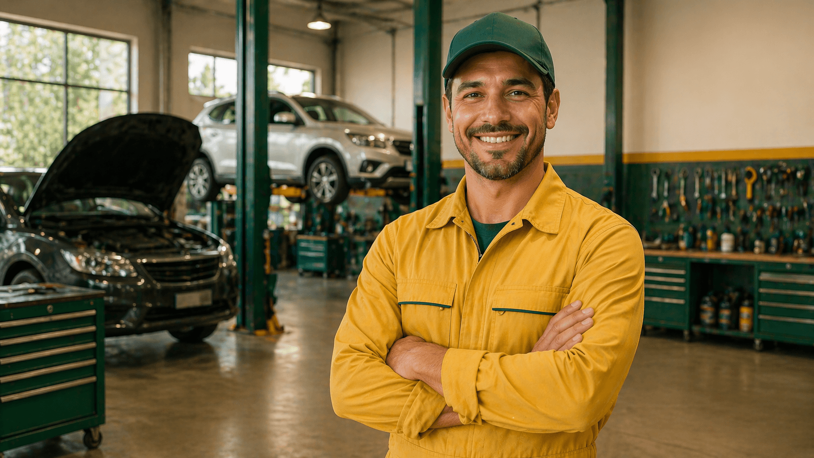 Profissional de oficina automotiva sorrindo em ambiente de manutenção, representando a rede de oficinas referenciadas e o atendimento especializado para reparos de veículos.