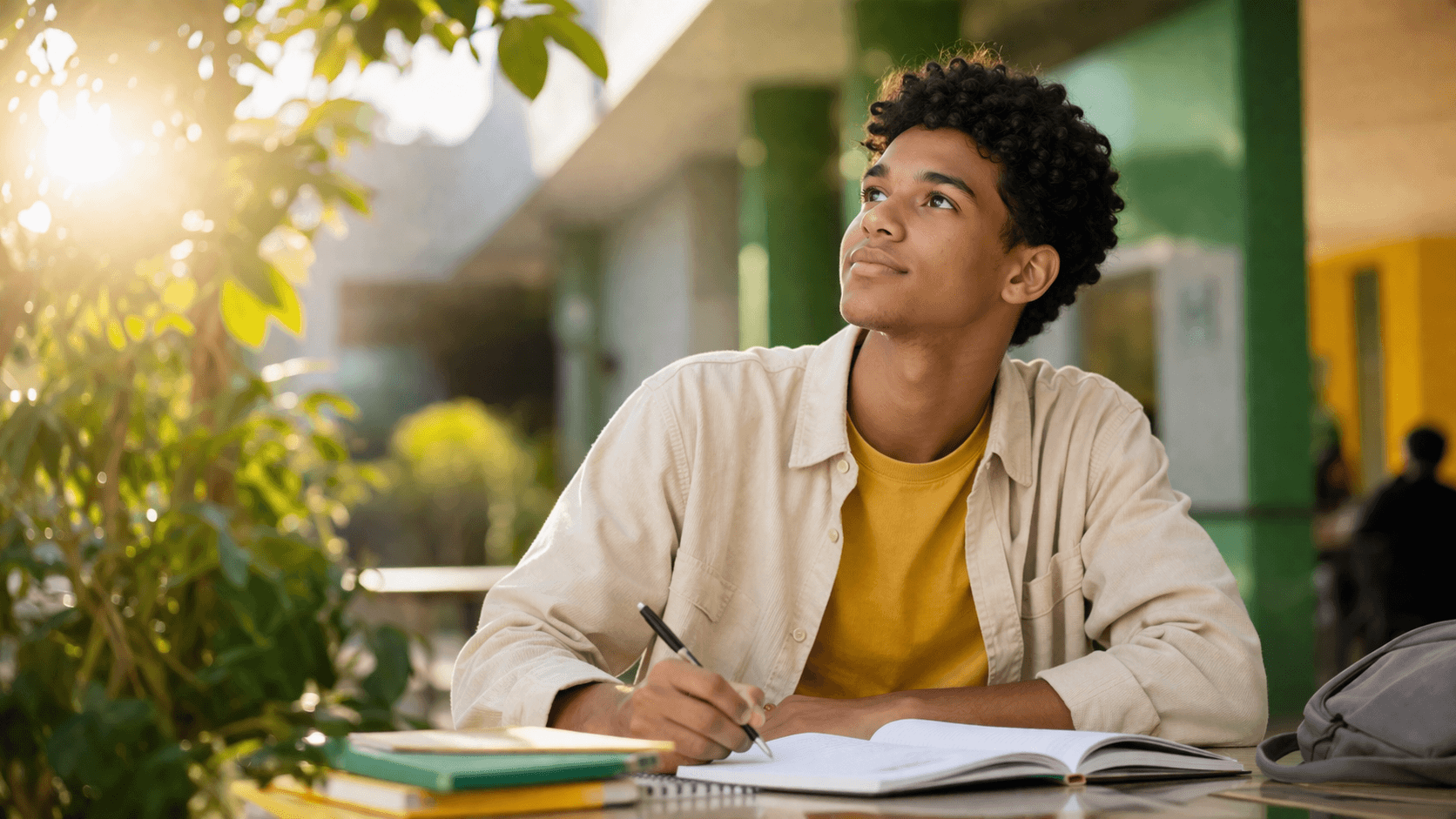 Jovem estudante em ambiente educacional escrevendo em um caderno, representando inclusão social e oportunidades para jovens em situação de vulnerabilidade.