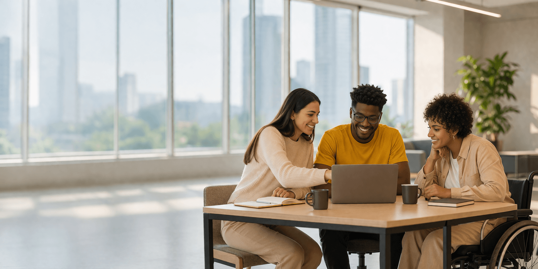Grupo diverso de colaboradores reunidos em ambiente corporativo moderno, promovendo inclusão, diversidade e trabalho colaborativo.