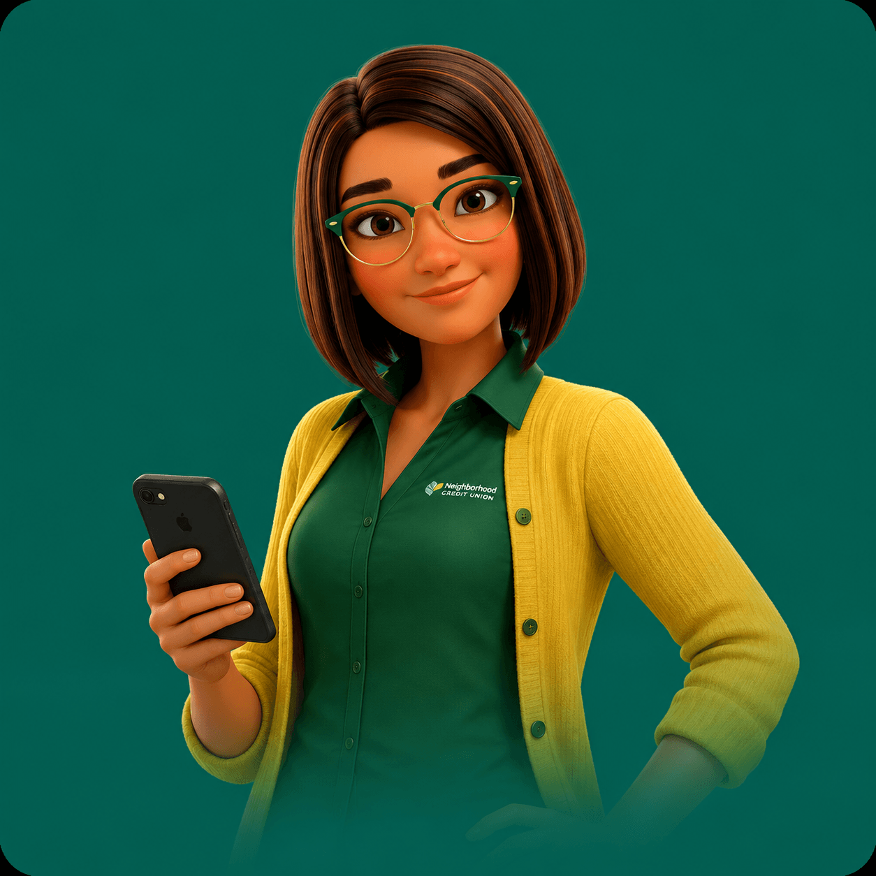 Assistente virtual Marina da Tokio Marine em ilustração digital, segurando um smartphone e oferecendo suporte rápido para atendimento e resolução de solicitações online.