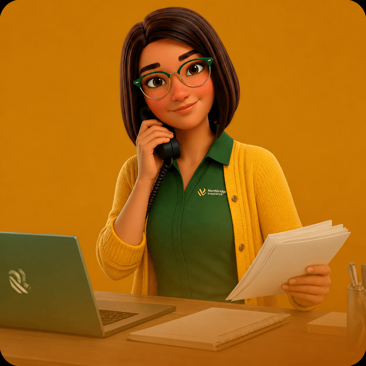 Assistente virtual Marina da Tokio Marine em ilustração digital atendendo por telefone, oferecendo suporte, orientação e esclarecimento de dúvidas aos clientes.