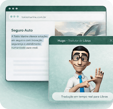 Interface digital com tradutor virtual de Libras realizando interpretação em linguagem de sinais, promovendo acessibilidade e inclusão em serviços online.